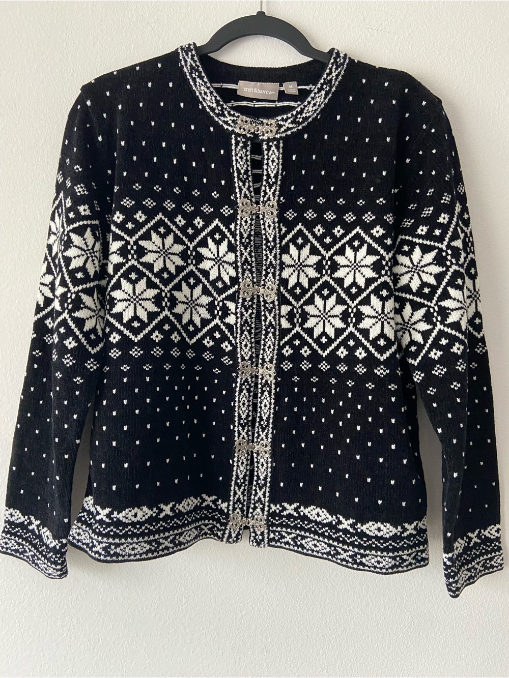 Croft & Barrow Fair Isle Nordic Sweater Cardigan Black White Size M